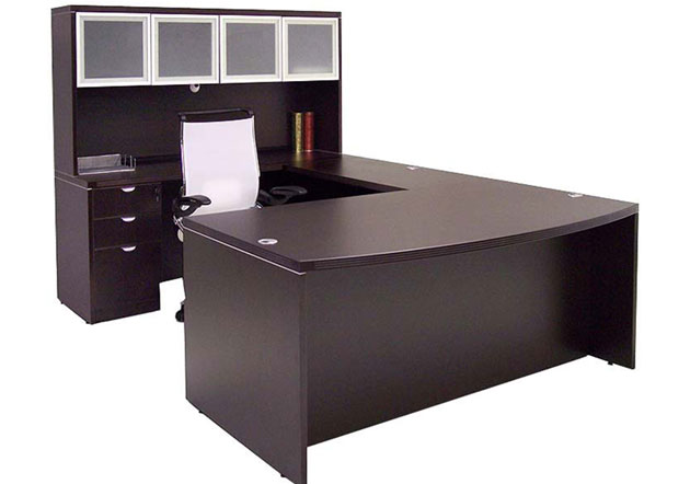 DESK SUITE THIS CONSIST OF A BOWFRONT DESK, RETURN, CREDENZA, PEDESTAL AND OVERHEAD CABINETS.